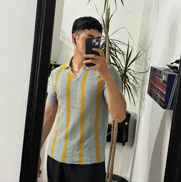 Zara Men Knit Polo with Blue and Yellow Stripes. Size M - Picture 11 of 13